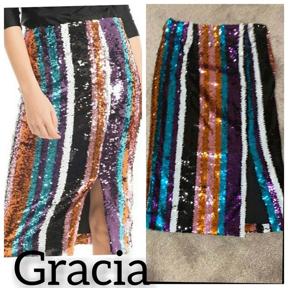 Gracia Side Slit Striped Sequin Skirt